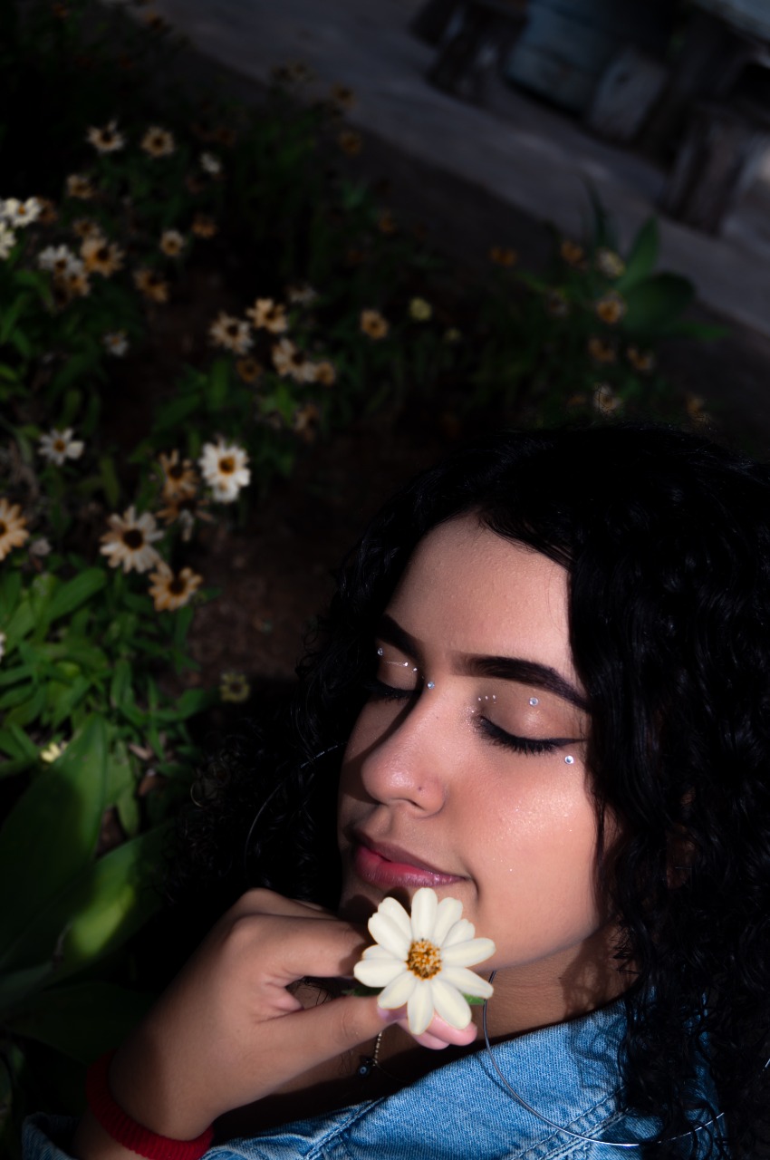 Fotografia de ambiente florido com iluminação e ângulo superior, editada no Photoshop