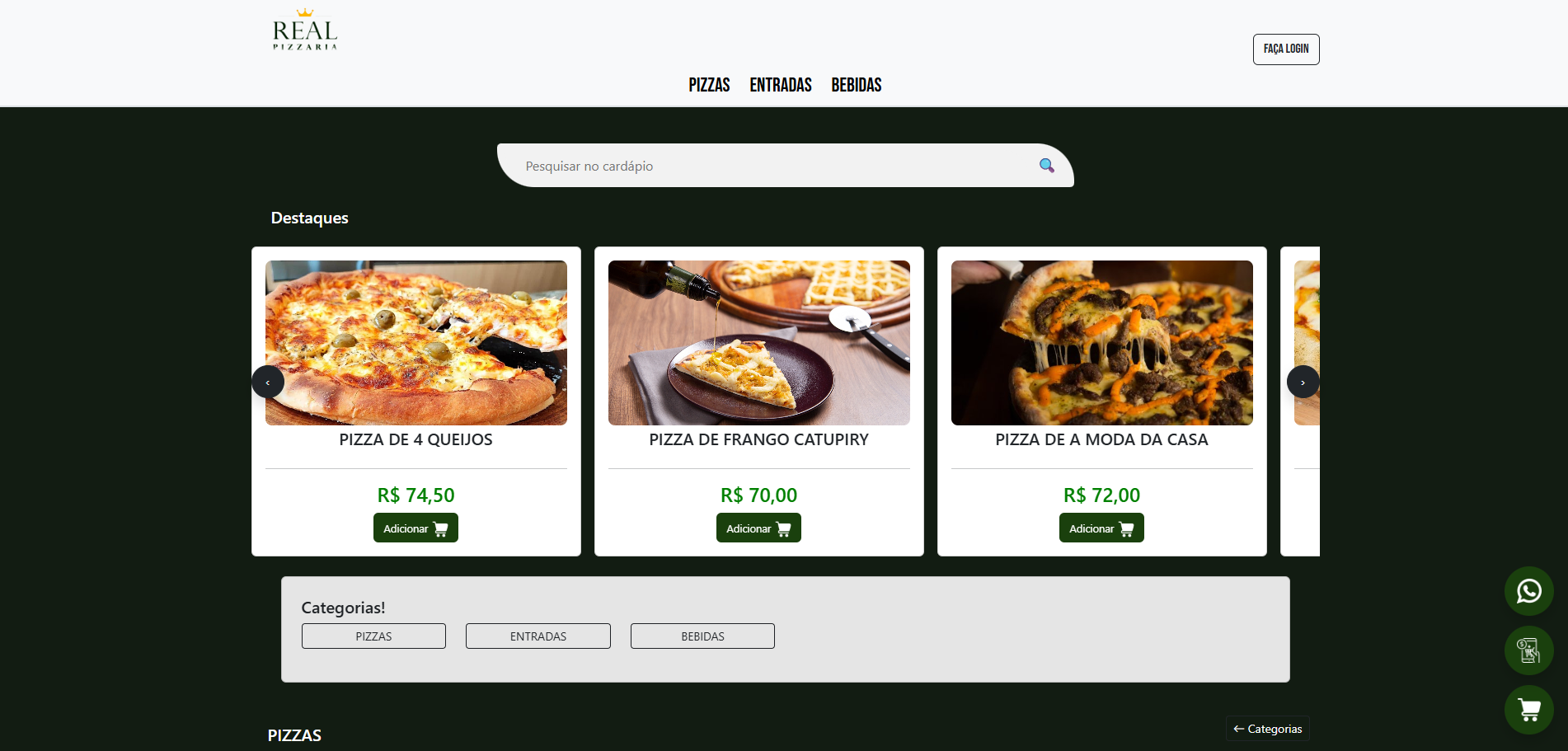 Página do cardápio digital. Para visualizar mais, acesse os projetos.