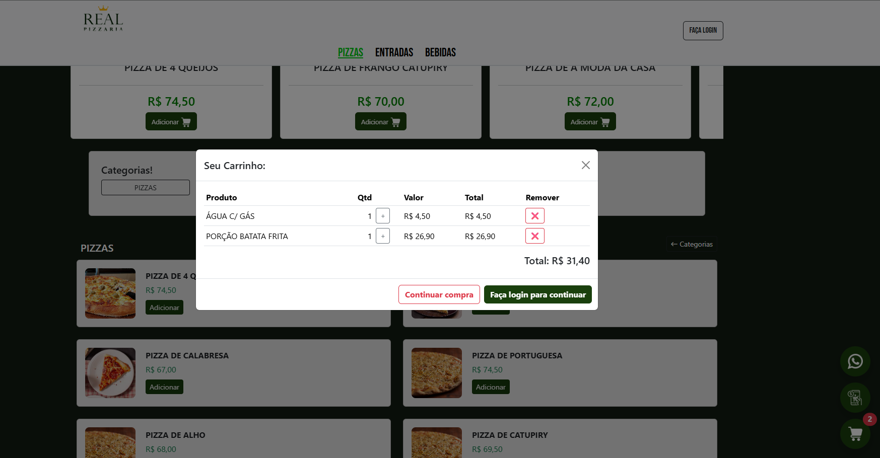 Carrinho de compras da pizzaria. Para visualizar mais, acesse os projetos.